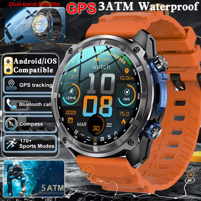 Smartwatche GUHUAVMI GPS 2026, wodoszczelne 3 ATM, wbudowany dwuzakresowy GNSS, kompas, wojskowe, pomiar tętna, sportowe, męskie, do pływania. image 1