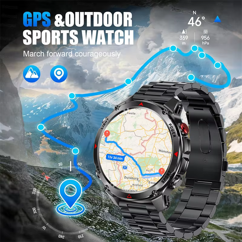 Nowy smartwatch męski 2025, wodoszczelny do 30M, do pływania, z GPS, kompasem, wysokościomierzem, funkcją połączeń Bluetooth, sportowy, wojskowy. image 4