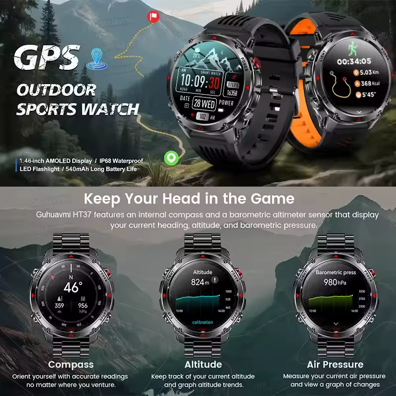 Nowy smartwatch męski 2025, wodoszczelny do 30M, do pływania, z GPS, kompasem, wysokościomierzem, funkcją połączeń Bluetooth, sportowy, wojskowy. image 3