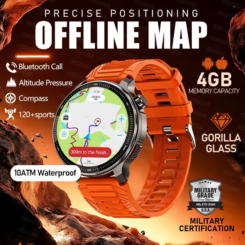 Smartwatch Męski 2026 Mapy Offline Precyzyjne Lokalizowanie 4GB Pamięć HD Połączenia Bluetooth Wojskowy Sportowy Zegarek Inteligentny NOWOŚĆ image 1