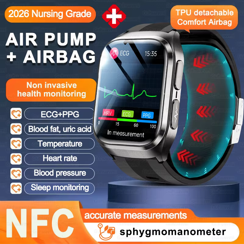 Inteligentny zegarek dla pielęgniarek z pompką powietrzną i poduszką powietrzną, precyzyjny monitor ciśnienia krwi, EKG+PPG, kwas moczowy, lipidy krwi, NFC, zegarki zdrowotne dla mężczyzn. image 1
