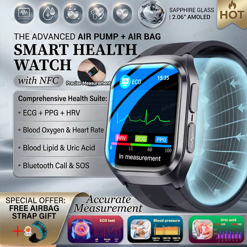 Inteligentny zegarek 2026 z EKG+PPG, diagnostyka AI, poduszka powietrzna, pompa powietrzna, analiza ciśnienia krwi, lipidów, składów ciała, kwasu moczowego, bransoletka zdrowotna dla kobiet i mężczyzn. image 1