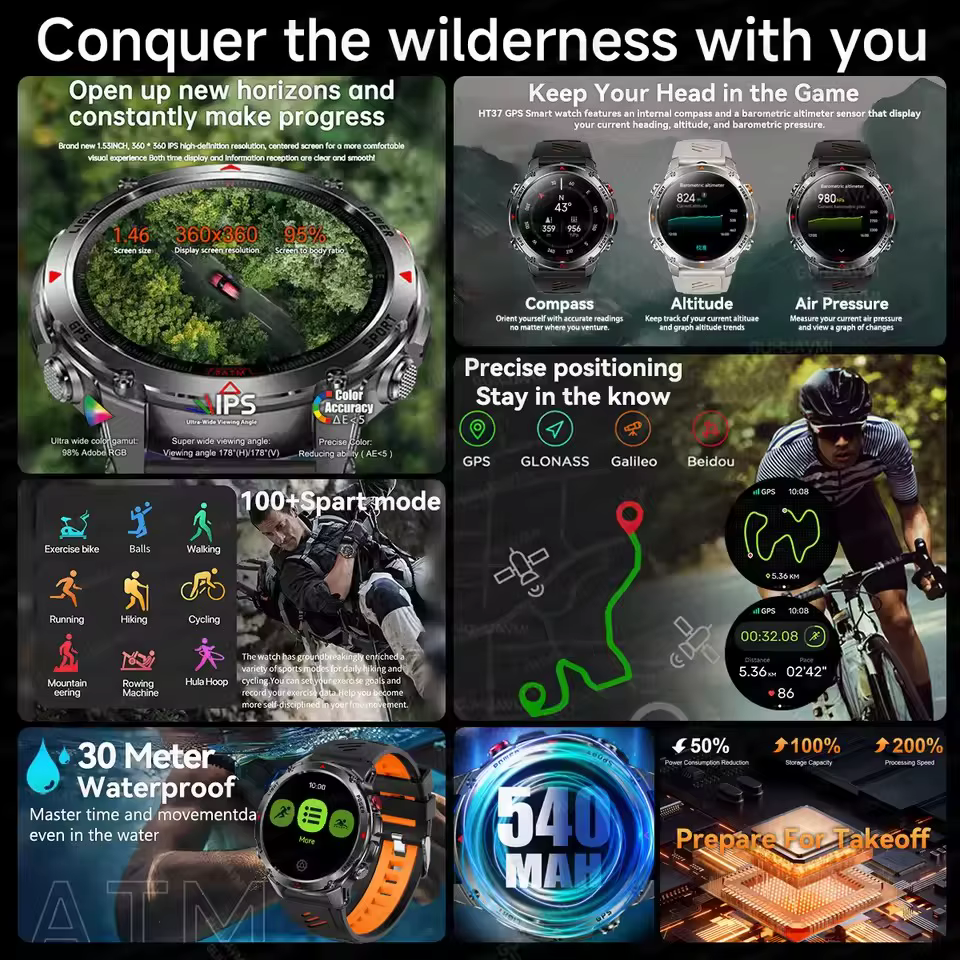 Nowy smartwatch męski 2025, wodoszczelny do 30M, do pływania, z GPS, kompasem, wysokościomierzem, funkcją połączeń Bluetooth, sportowy, wojskowy. image 2