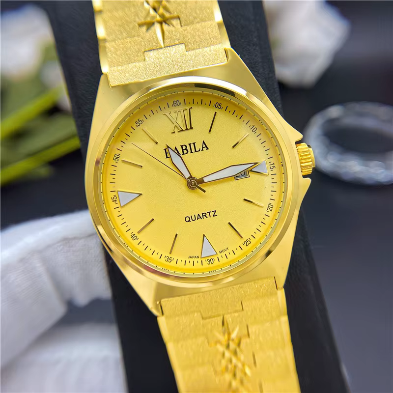 Electroplating 24 K gold men watch calendar iced out gold watches large dial retro carved pattern steel strap wrsitwatches image 1
