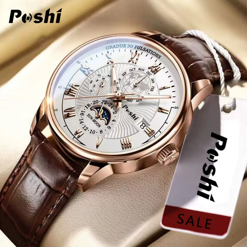 Swiss Brand POSHI Men Watch Fashion Top Luxury Sport Men's Wristwatch Waterproof Luminous Leather Date Quartz Watches Man clock image 1