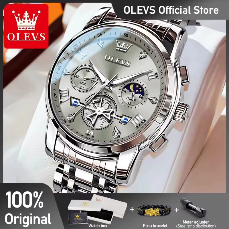 OLEVS Men's Watches Classic Multifunctional Fltwheel Chronograph Original Quartz Wristwatch Moon Phase 24 Hour Waterproof reloj image 1