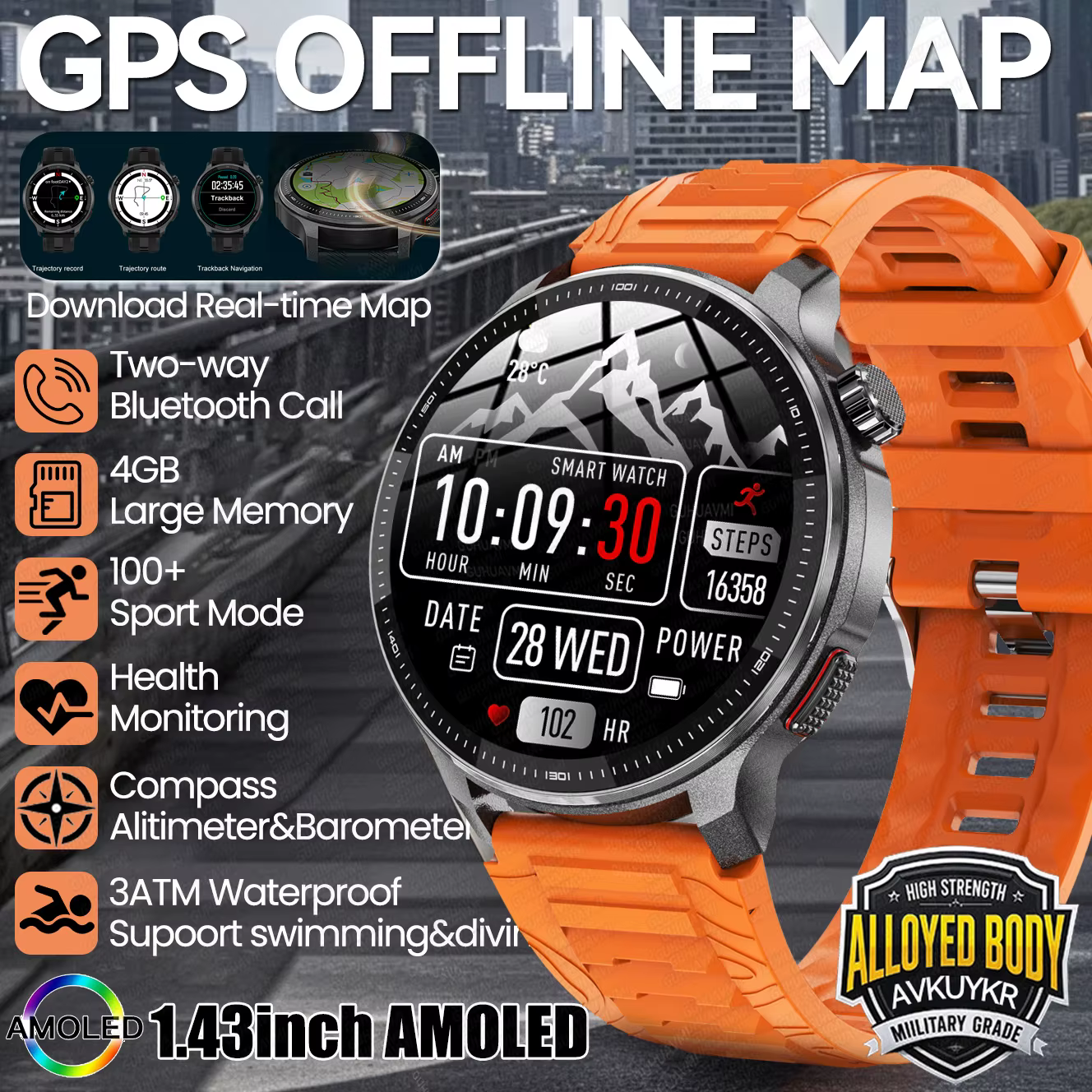 Smartwatch wojskowy z mapami offline GPS, lokalizacją, funkcją fitness tracker, wodoodporny, taktyczny, sportowy, 4GB pamięci, z funkcją dzwonienia, bransoletka dla mężczyzn, model 2026.