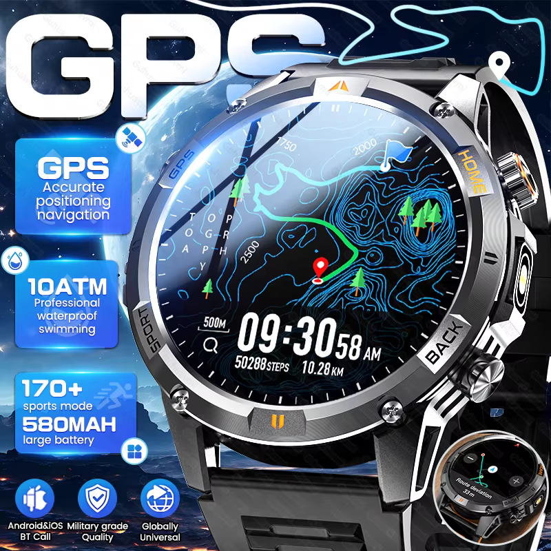 Nowoczesny smartwatch sportowy GPS dla dorosłych, z wysokościomierzem, barometrem, wodoodpornością 10ATM, baterią 580mAh, połączeniami Bluetooth, wyświetlaczem AMOLED dla mężczyzn.