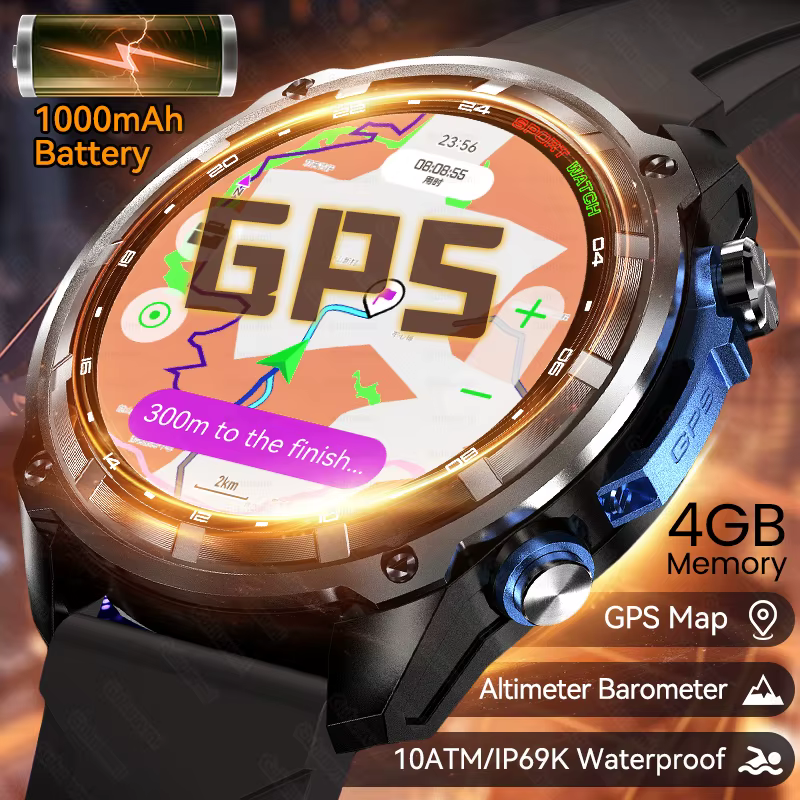 Nowy Smartwatch z Wbudowanym GPS, Wyświetlacz HD, Altimetr, Bateria 1000mAh, Pamięć 4GB, Wodoodporność 10ATM, Połączenia Bluetooth, Smartwatch dla Mężczyzn do Użytku na Zewnątrz