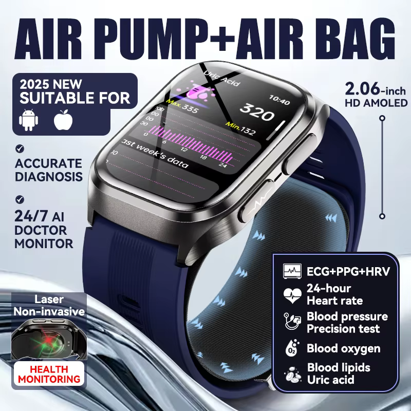 Nowy Smartwatch z Pomponikiem Powietrznym + Pomiarem Ciśnienia Krwi, Kwasu Moczowego, Lipidów Krwi, EKG, Dokładna Diagnostyka, Połączenia BT, Wyświetlacz AMOLED, Smartwatch dla Dorosłych
