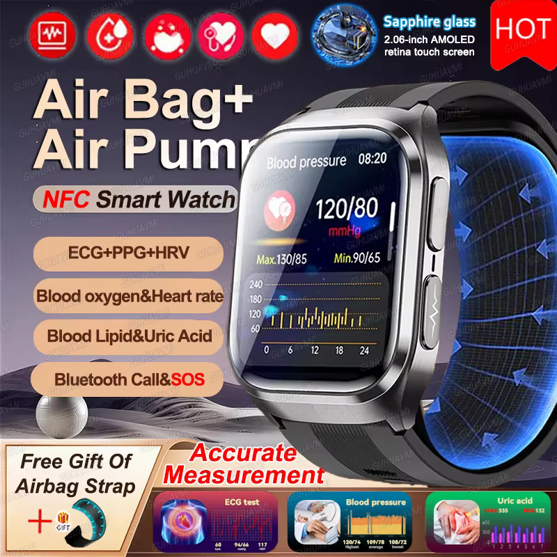 2026 Nowa Pompa Powietrzna z Diagnostyką AI, Smartwatch Męski z Pomiarem Ciśnienia Krwi, Kwasu Moczowego, Lipidów, EKG, Zegarki Monitorujące Zdrowie, NFC Smart Bracelet Damski