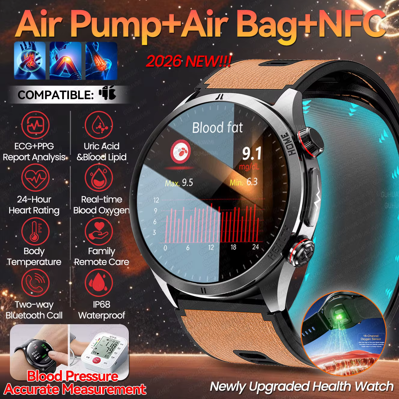 Nowy Smartwatch z Pomiarem Ciśnienia Krwi, Tłuszczu we Krwi, Kwasu Moczowego, Temperatury Ciała, Funkcją Sportową, NFC i Pomiarem Zdrowia dla Mężczyzn