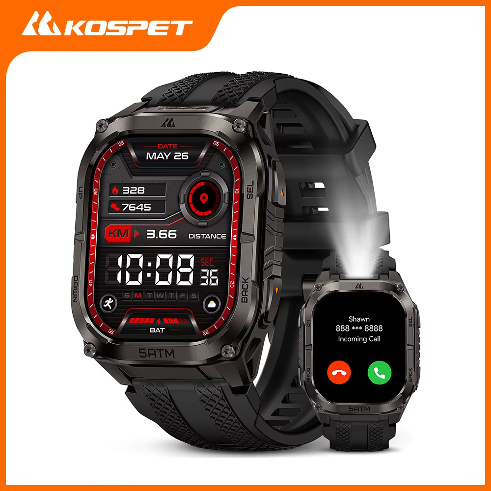 KOSPET TANK M4C Smartwatch dla mężczyzn, taktyczny zegarek outdoorowy z walkie-talkiem i GPS, o militarnym stopniu wytrzymałości, wodoodporny do 5ATM.