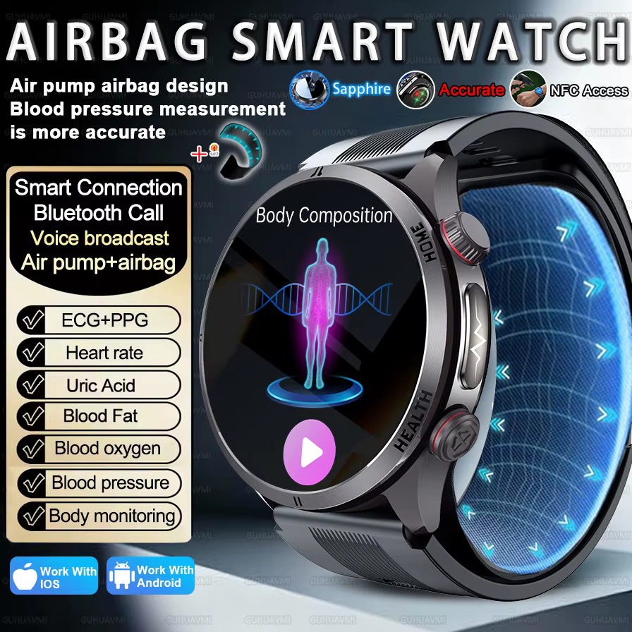 Smartwatch męski 2026 z funkcją monitorowania zdrowia, NFC, pompką powietrza i poduszką powietrzną, dokładny pomiar ciśnienia krwi, kwasu moczowego, EKG+PPG, wodoodporny.