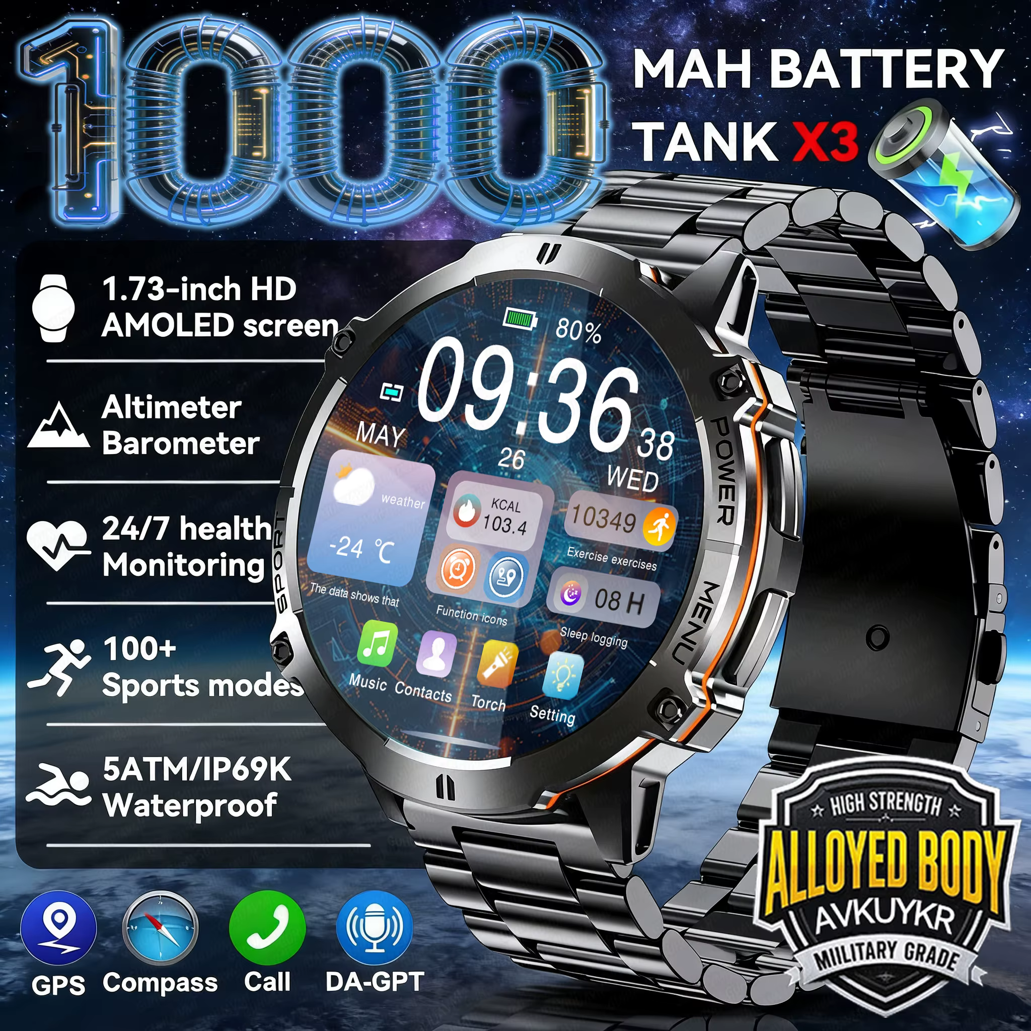 Nowy smartwatch męski 2026 z baterią 1000mAh, GPS, kompasem, wysokościomierzem, wodoodpornością 10ATM, pomiarem tętna, połączeniami BT i funkcjami sportowymi.