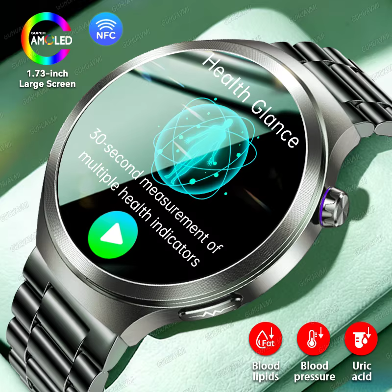Nowy smartwatch 2026 z 1,73-calowym szafirowym wyświetlaczem AMOLED dla kobiet i mężczyzn, EKG, pomiar kwasu moczowego, ciśnienia krwi, monitorowanie zdrowia, połączenia, zegar, opieka, smartwatch NFC