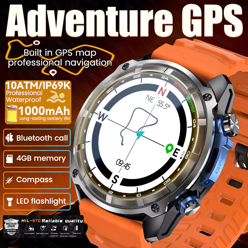 Nowy Smartwatch GPS do aktywności na świeżym powietrzu z wbudowaną mapą GPS, 4 GB pamięci, baterią 1000 mAh, funkcją połączeń Bluetooth, wodoodpornością 10 ATM, męski smartwatch sportowy.
