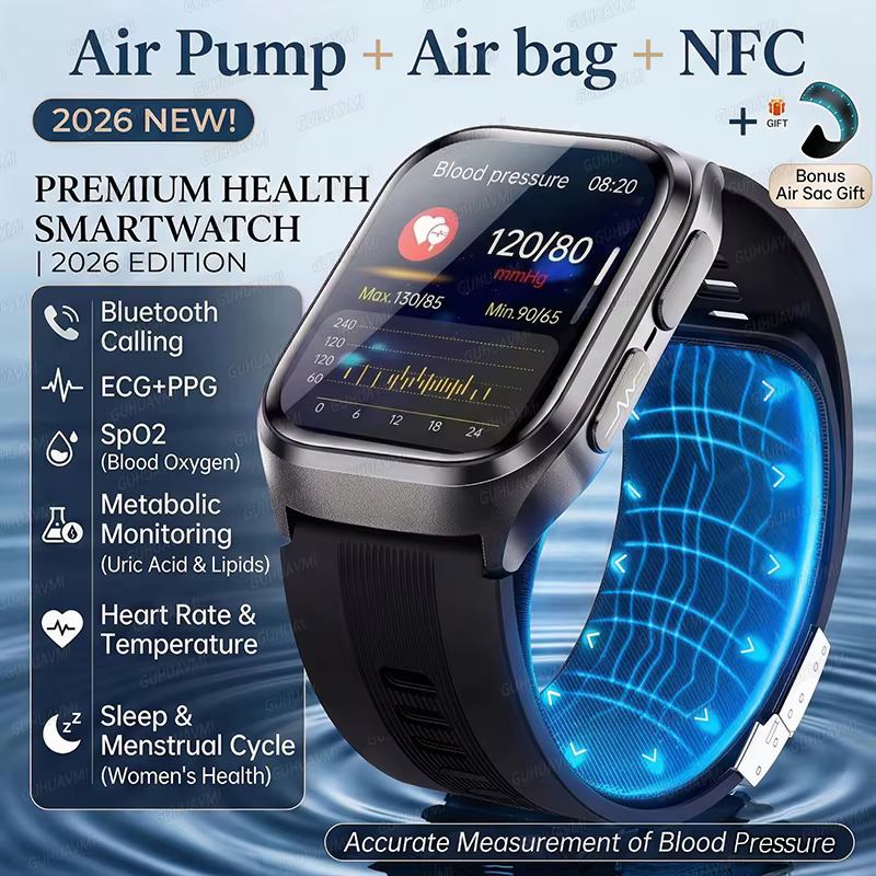 Smartwatch 2026 Nowa Wersja z Airbagiem, Diagnostyka AI, EKG, Ciśnienie Krwi, Lipidy, Kwas Moczowy, Analiza Ciała, Połączenia, NFC, Smartwatch dla Kobiet i Mężczyzn