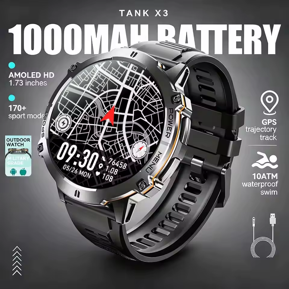 Nowy męski smartwatch TANK X3 z 2025 roku, duża bateria 1000mAh, śledzenie GPS, wodoodporność 10ATM, połączenia Bluetooth, ekran AMOLED HD o przekątnej 1,73 cala.
