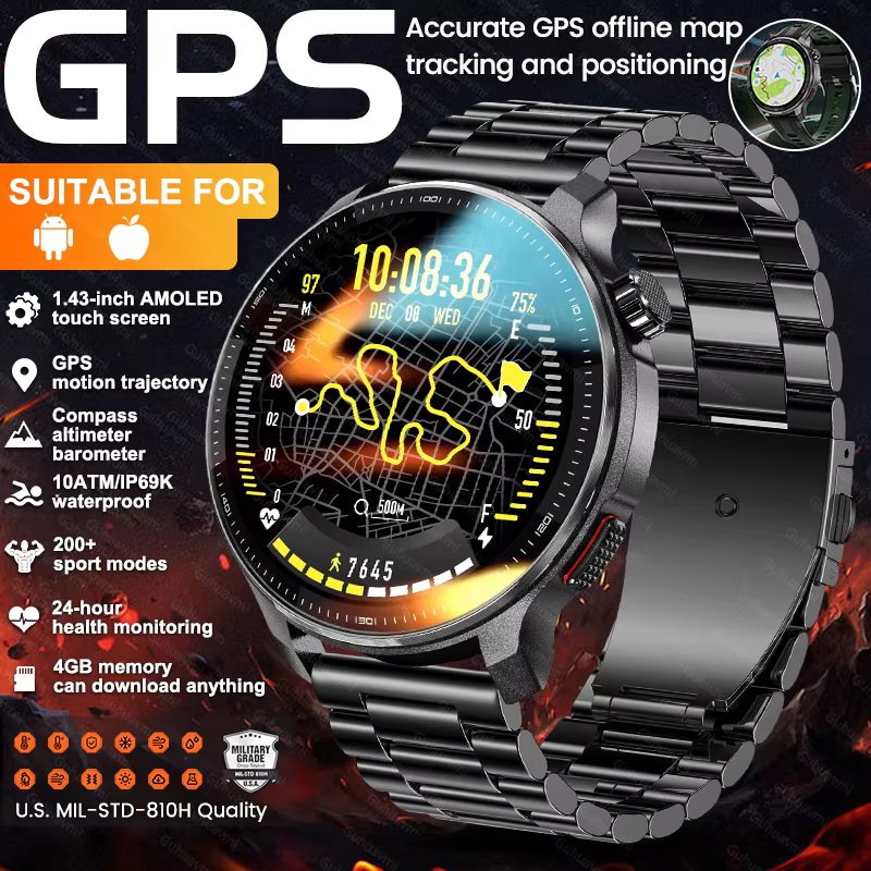 Męski smartwatch wojskowy z wbudowaną mapą GPS, ekranem AMOLED, 4GB pamięci, wodoodpornością 10ATM, wysokościomierzem, funkcją połączeń Bluetooth i trybami sportowymi.