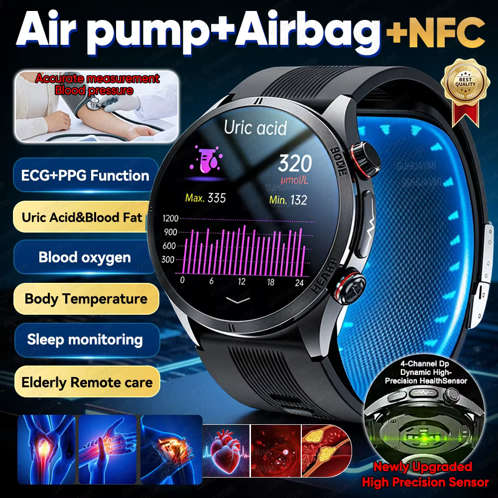 2026 NEW Accurate Blood Pressure Measurement Airbag Smart Watch Men Women ECG Uric Acid Blood Fat NFC Health testing Smartwatch