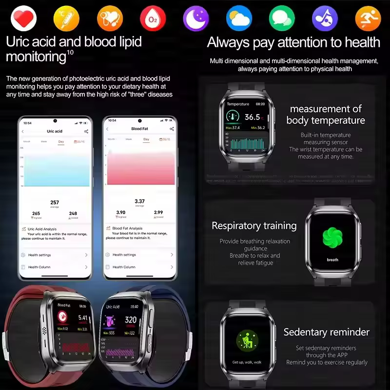 Nowy Smartwatch z Pomponikiem Powietrznym + Pomiarem Ciśnienia Krwi, Kwasu Moczowego, Lipidów Krwi, EKG, Dokładna Diagnostyka, Połączenia BT, Wyświetlacz AMOLED, Smartwatch dla Dorosłych image 5