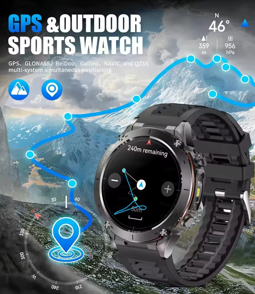 Nowy smartwatch męski GUHUAVMI klasy wojskowej z GPS, wodoodpornością 10ATM, latarką LED, baterią 730mAh i funkcją połączeń Bluetooth, rok 2026. image 3