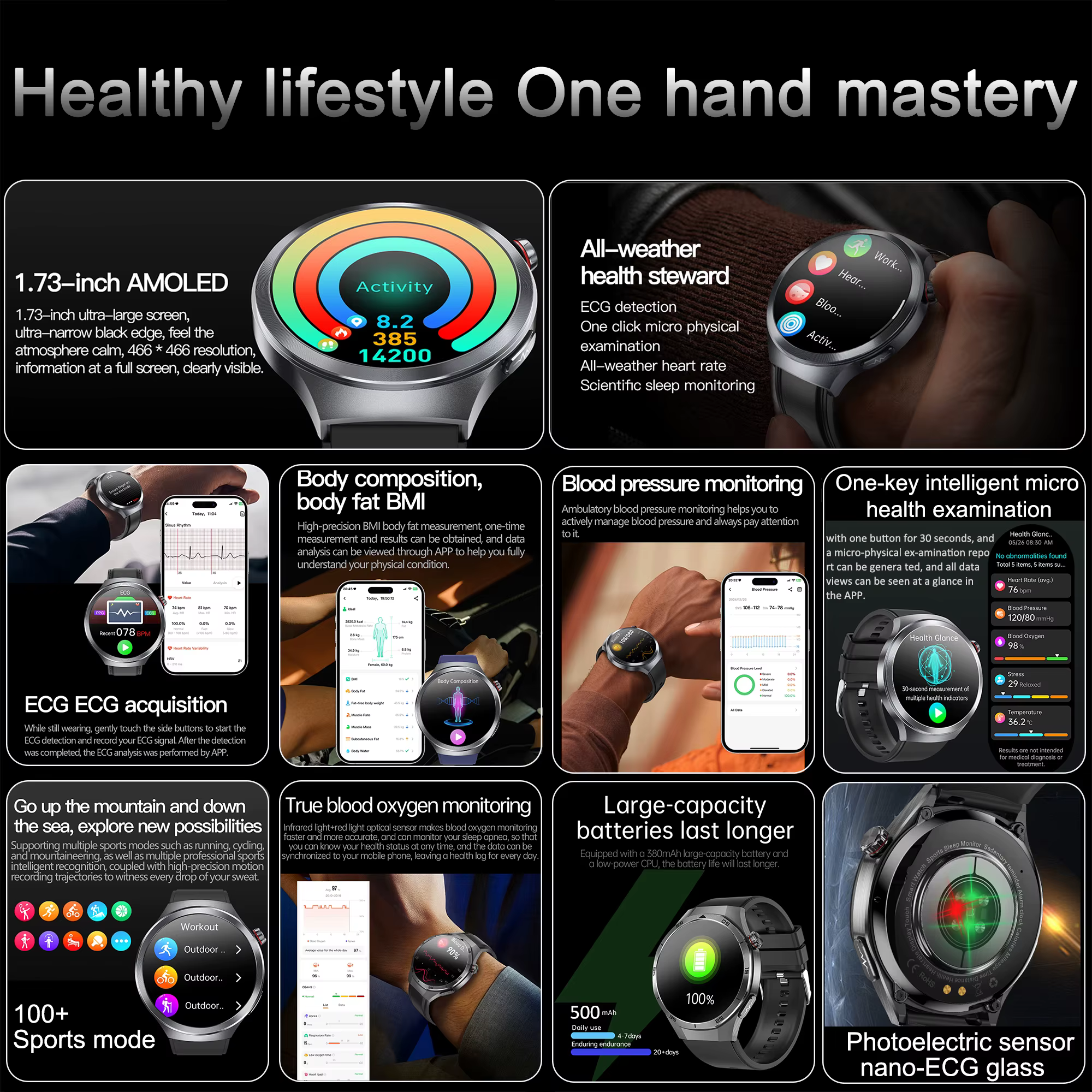 Inteligentny zegarek 2026 Nowy, precyzyjny smartwatch z pomiarem ciśnienia krwi, natlenienia krwi, EKG+PPG, lipidów we krwi, kwasu moczowego, analizą tkanki tłuszczowej, funkcją połączeń BT, monitorowaniem zdrowia, zegarek dla mężczyzn. image 2