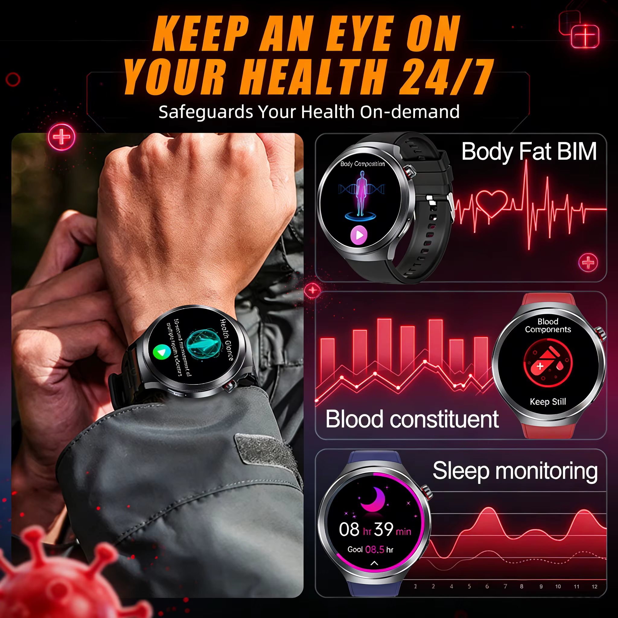 Inteligentny zegarek 2026 Nowy, precyzyjny smartwatch z pomiarem ciśnienia krwi, natlenienia krwi, EKG+PPG, lipidów we krwi, kwasu moczowego, analizą tkanki tłuszczowej, funkcją połączeń BT, monitorowaniem zdrowia, zegarek dla mężczyzn. image 6