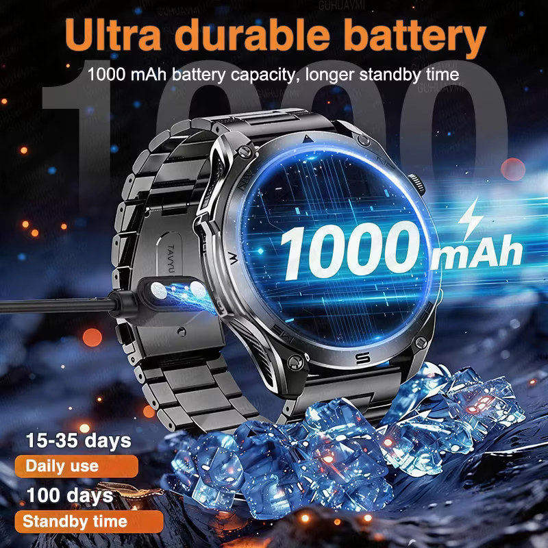 Nowy Smartwatch Męski z Mapą GPS, Baterią 1000mAh, Wyświetlaczem AMOLED HD, Wodoodpornością 10ATM, Funkcją Połączeń Bluetooth, Stylizowany na Militarny, Dla Dorosłych, Do Użytku na Zewnątrz. image 2