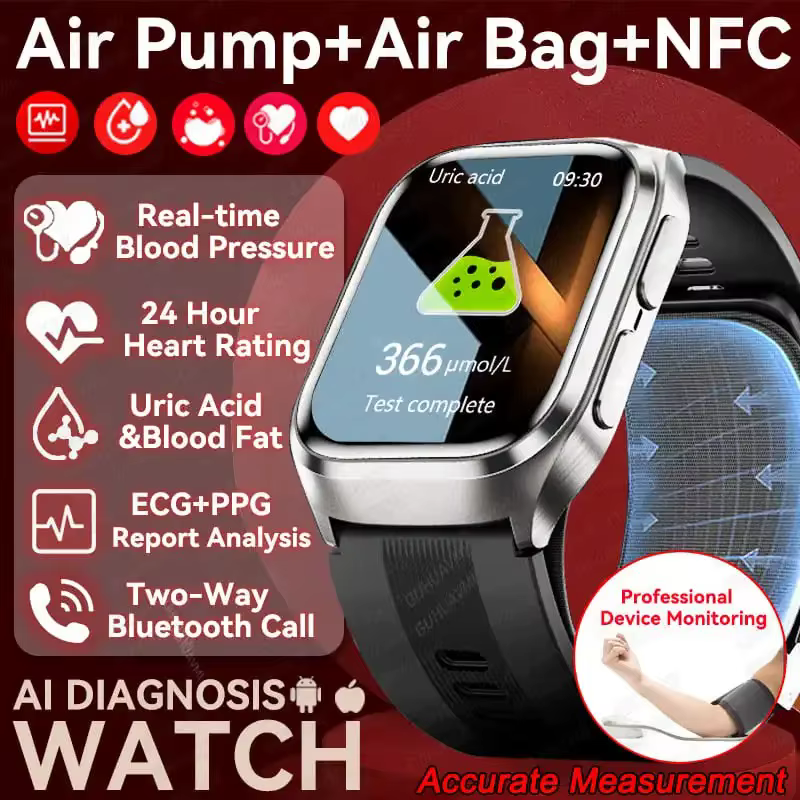 2026 Nowy Luksusowy Smartwatch z Pompką Powietrzną, Pompką Powietrzną do Pomiaru Ciśnienia Krwi, EKG, Lipidów, Tętna, Monitorowaniem Zdrowia, NFC dla Mężczyzn image 3