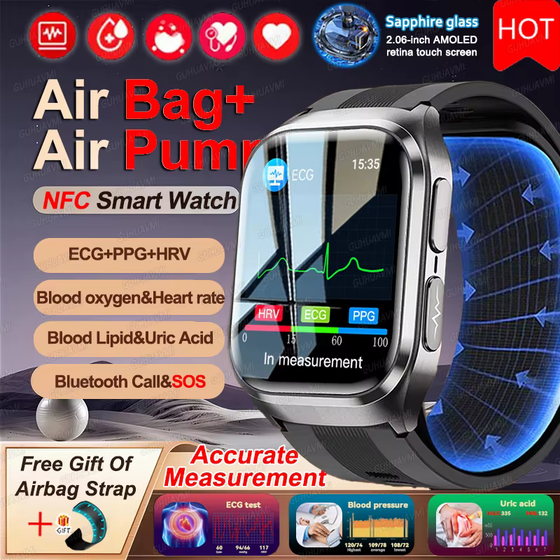 2026 Nowa Pompa Powietrzna do Mierzenia Ciśnienia Krwi, Dokładne Pomiarowe Smartwatche Męskie, Kwas Moczowy, Lipidy, EKG, Zegarki Monitorujące Zdrowie, Sportowa Bransoletka Damska image 1