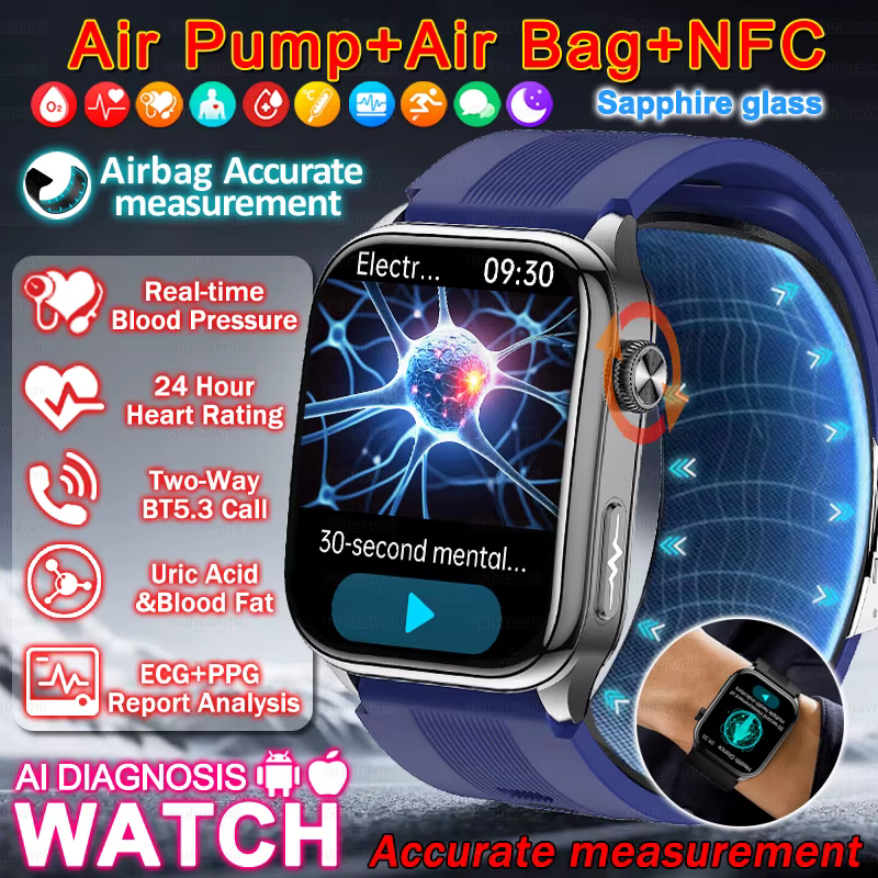Smartwatch 2026 z pompką powietrzną, airbagiem, EKG+PPG, pomiarem tlenu we krwi, kwasu moczowego, ciśnienia krwi, mikro-eksaminacją fizyczną, szafirowym szkłem, NFC. image 1