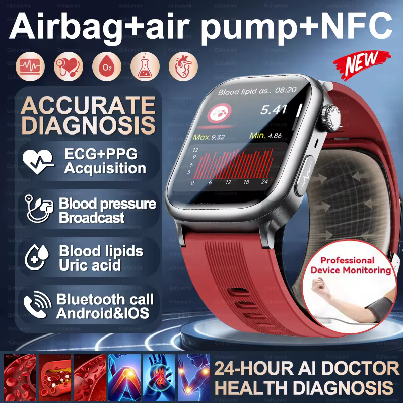 Smartwatch 2025 Męski Damski Pompa Powietrza Poduszka Powietrzna Lipidy Krwi EKG Ciśnienie Krwi Kwas Moczowy Temperatura Tętno Diagnostyka Zdrowia Kobiet image 1