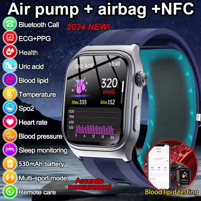 2025 nowa pompa powietrza poduszka powietrzna dokładne pomiar inteligentne zegarki mężczyźni mikro badanie fizyczne ciśnienie krwi Fitness Sport SmartWatch image 1