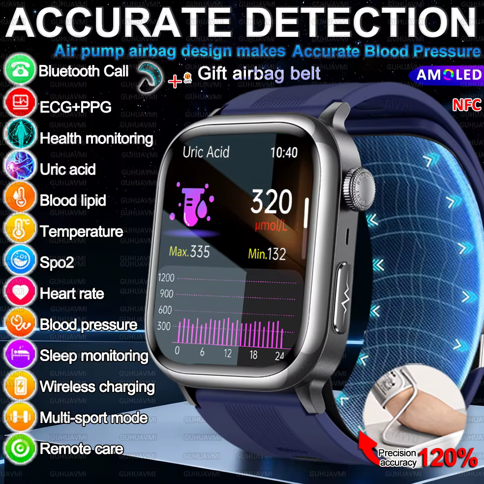 Smartwatch 2026 z pompką powietrza, ekranem AMOLED, pomiarem kwasu moczowego, ciśnienia krwi, funkcjami sportowymi, zdrowotnymi, połączeniami, wodoodporny, NFC, dla kobiet i mężczyzn. image 1