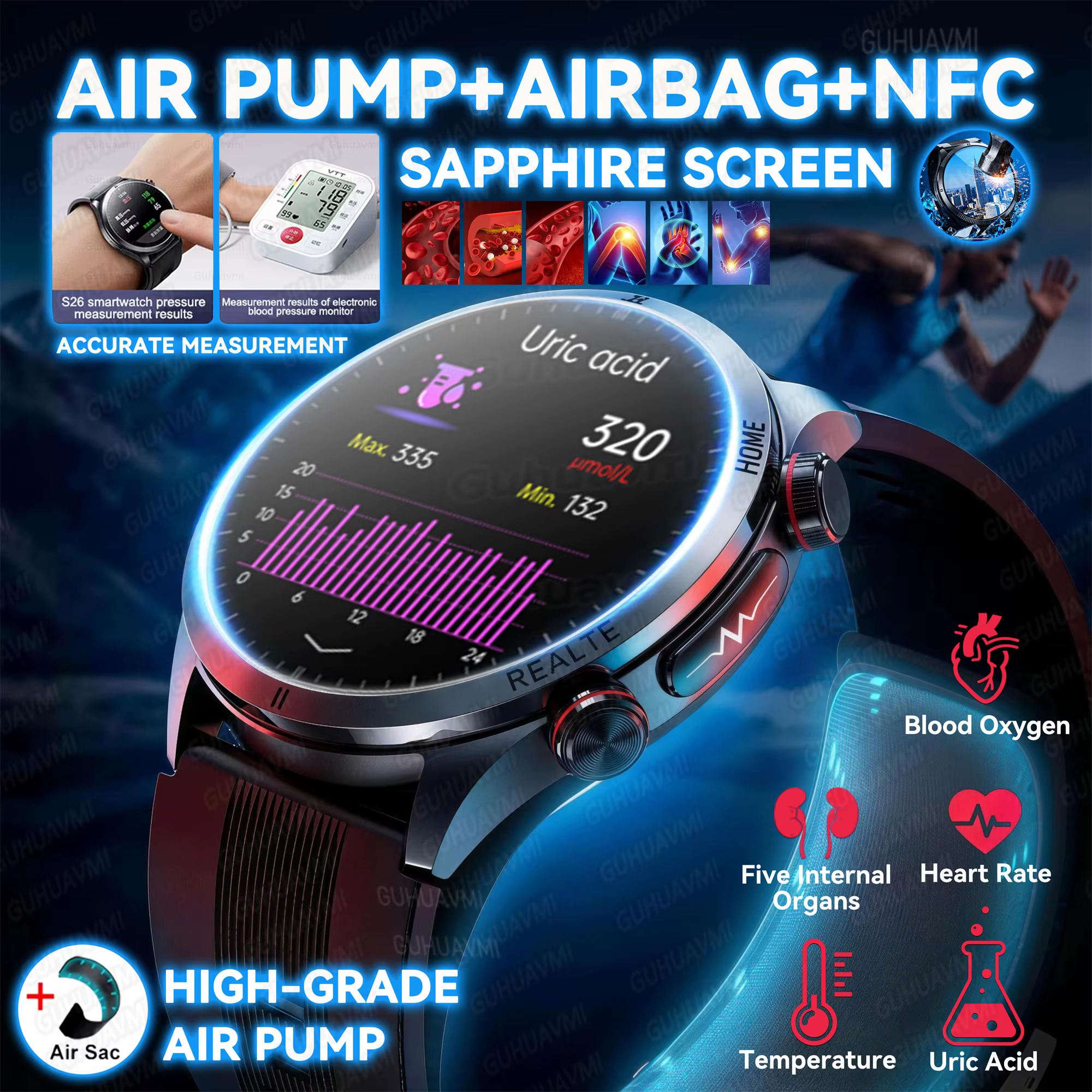 Smartwatch męski 2026 z nową pompką powietrzną EKG, dokładnym pomiarem, mikrobadaniem fizycznym, pomiarem ciśnienia krwi, sportowy smartwatch monitorujący zdrowie. image 1