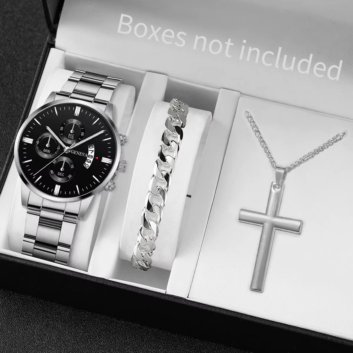 3PCS/Set Fashion Men's Stainless Steel Band Watch Casual Calendar Quartz Watch Jewelry Set（Without Box） image 1