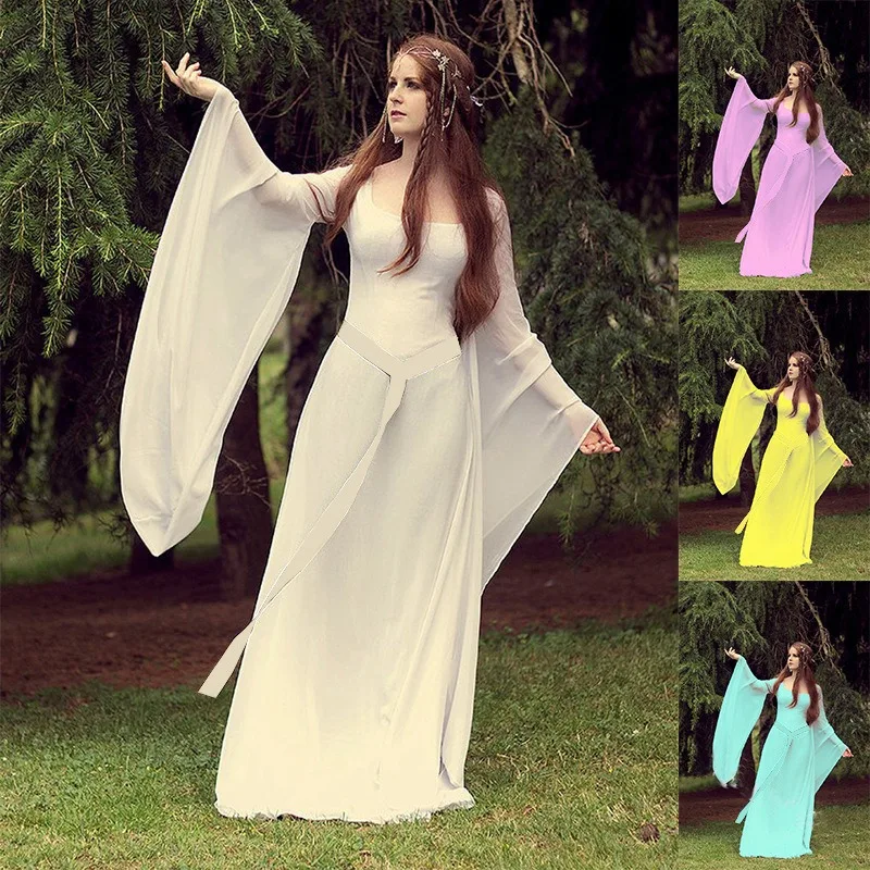Halloween Costume Women Dress Medieval Dresses Party Long Sleeve Round Neck Belt Women's Dress