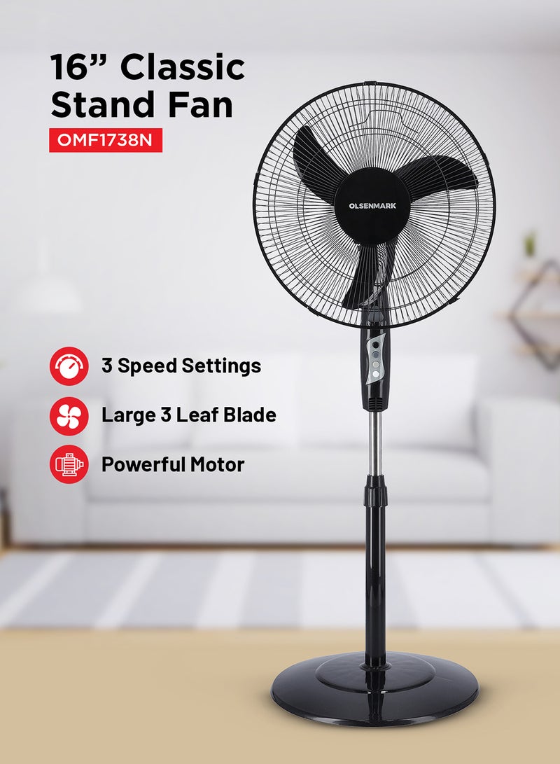 16-Inch Stand Fan | Pedestal Fan with Adjustable Height Up to 1.25m, 3-Speed Settings & Powerful 45W Motor | 3-Blade Design, 75° Oscillation | High-Sp