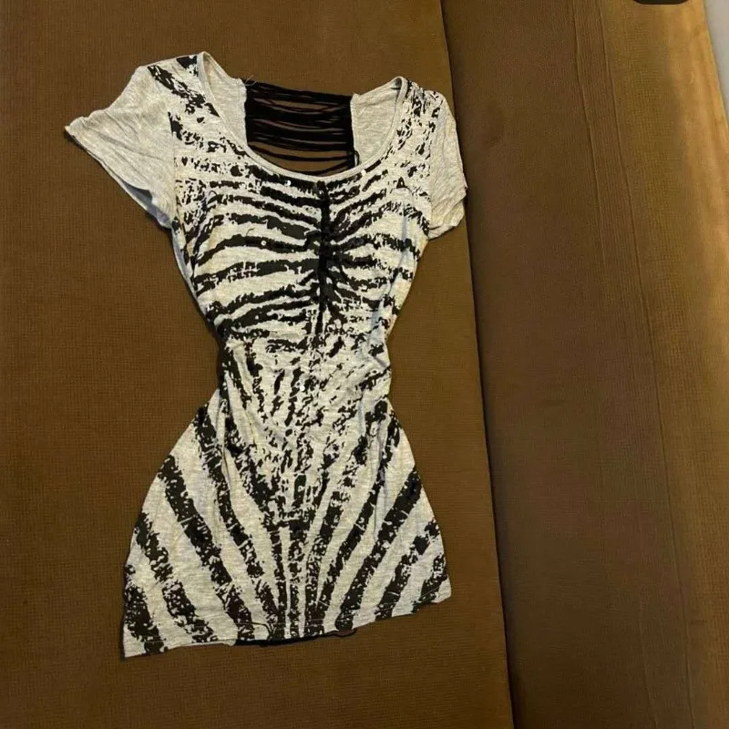 Retro Hottie Dresses American Subculture Skeleton Print Dress Harajuku Hollow Design Hip Wrap Dress Punk Grey Slim Mini Dresses
