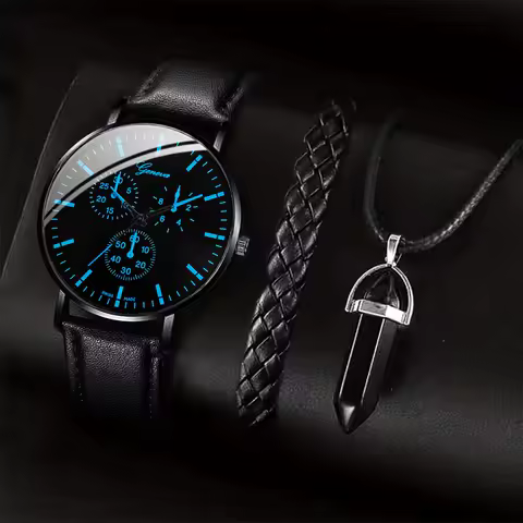 3PCS/Set Men Business Watches Casual Leather Band Analog Male's Quartz Watch Necklace Bracelet Set image 1