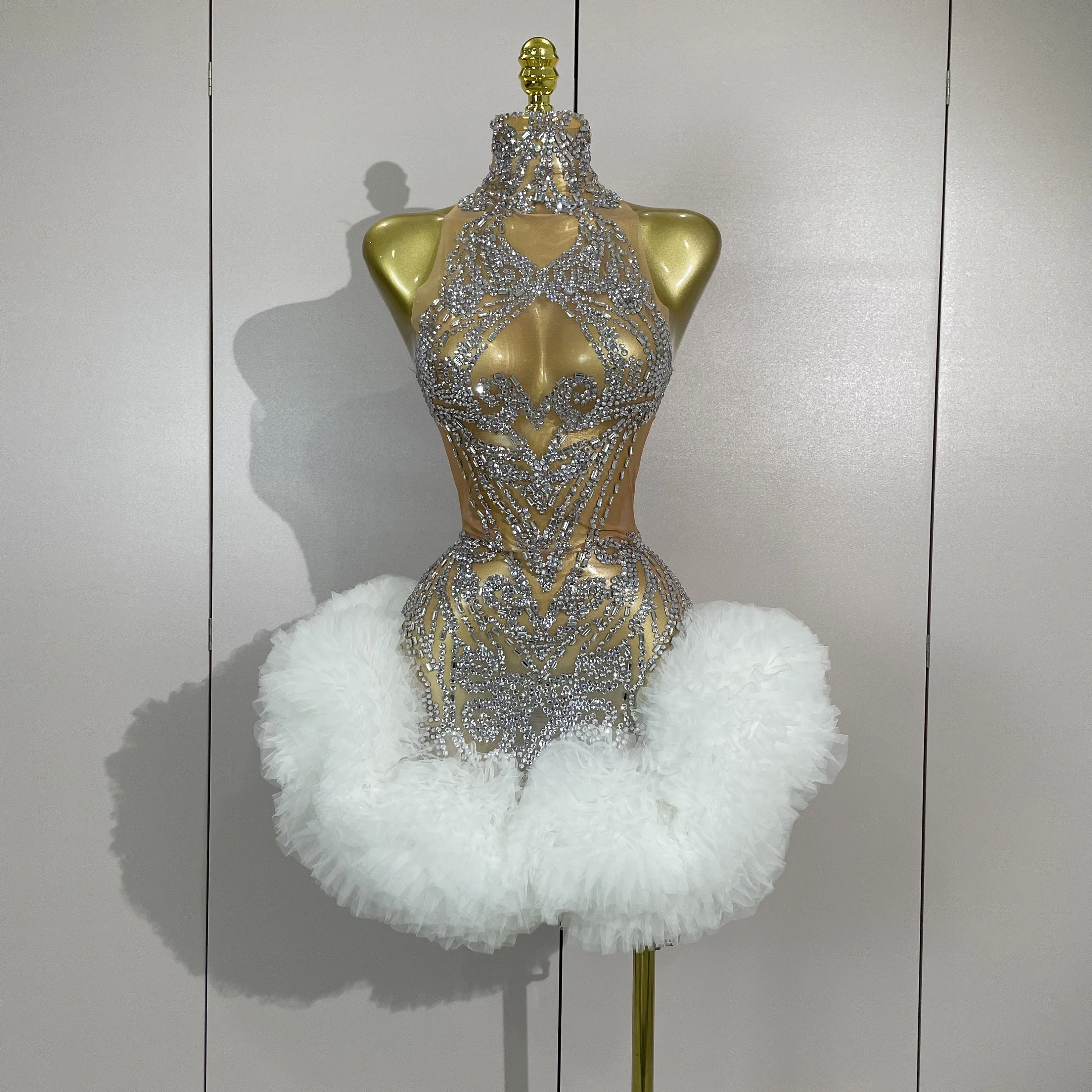 STOCK Diamonds Mesh Sexy See Through Cocktail Mini Dress Women Eveing Luxury Birthday Party Singer Nightclub Show Stage Costume image 1