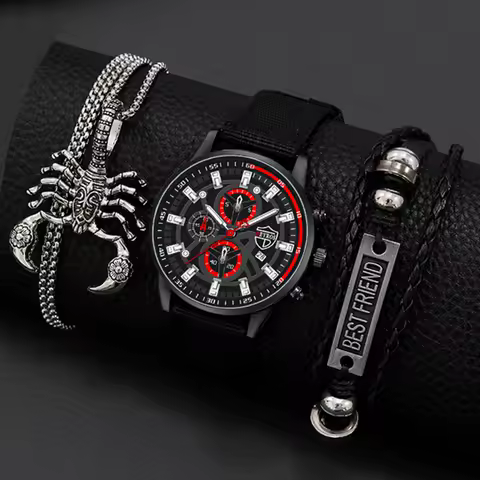 3PCS Set Fashion Mens Simple Watches Men Necklace Bracelet Nylon Quartz Watch Male Business Casual Wrist Watch image 1