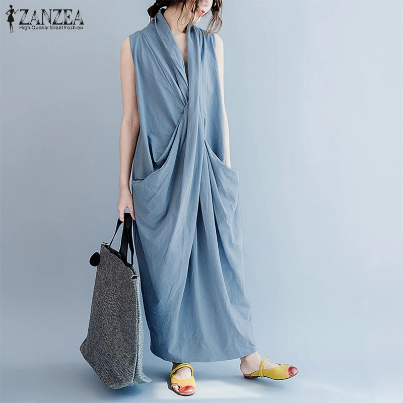 ZANZEA Oversize Asymmetrical Maxi Dress Women's Summer 2025 Holiday Sundress Female V Neck Draped Vestidos Rayon Robes Femme image 1