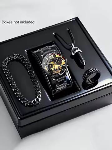 Men's Trendy Quartz Watch Set with Bracelet Necklace Ring Calendar Function Birthday Gift Not including Box image 1