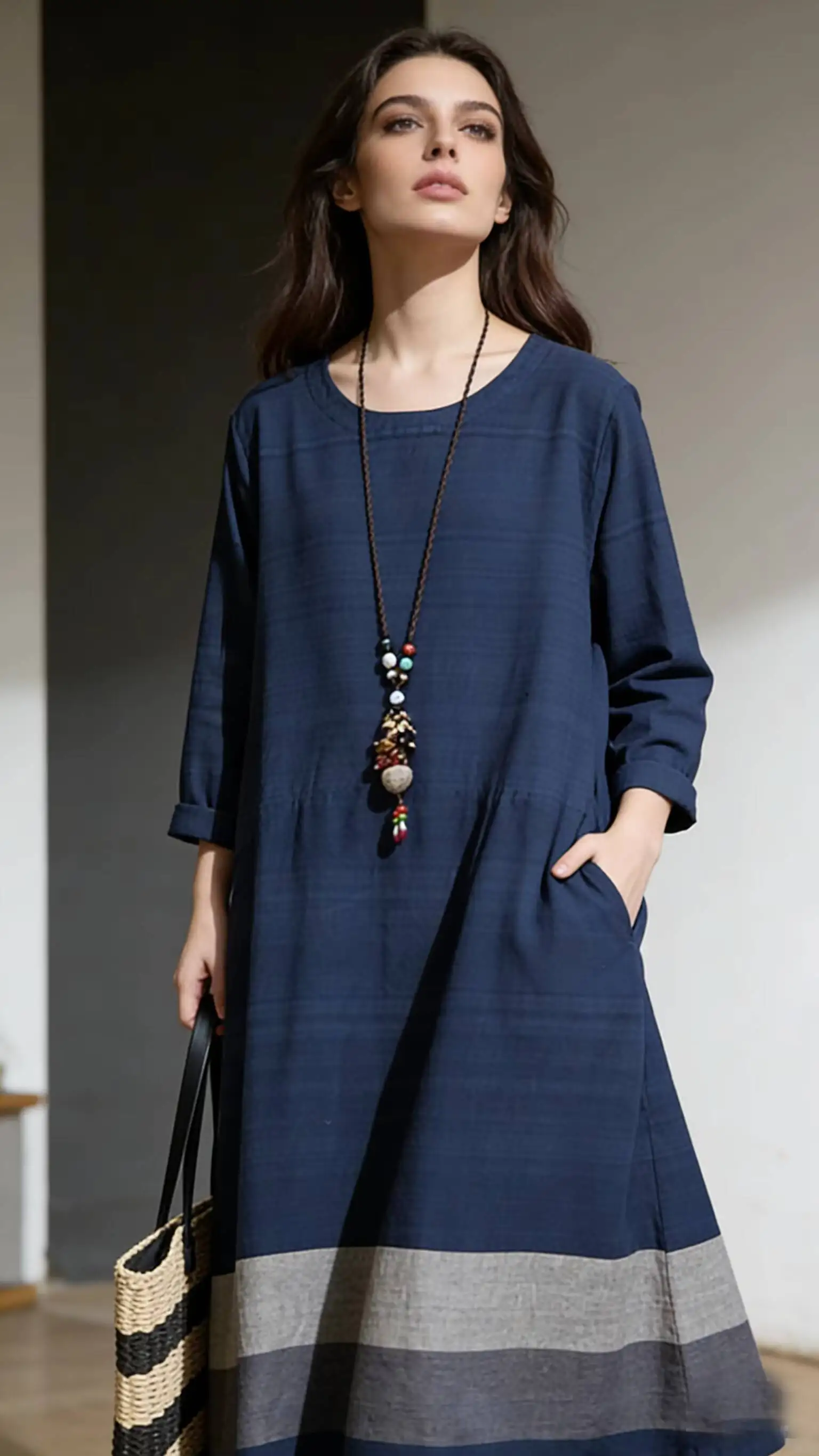 Midi Dress Spring Summer Women Navy Linen Blend 3/4 Sleeve Pocket Loose Casual Boho Vacation Home Daily Dress