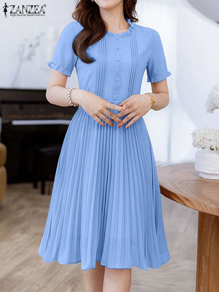 2025 ZANZEA Elegant Women Midi Dresses Summer Office Work Dress Short Sleeve O Neck Party Vestidos Pleated Sundress Robe Femme