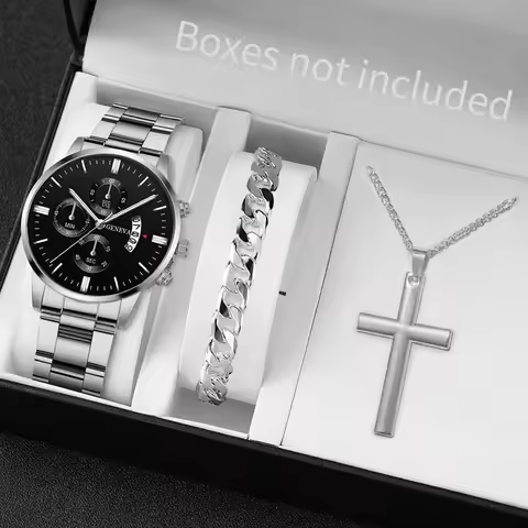 3PCS/Set Fashion Men's Stainless Steel Band Watch Casual Calendar Quartz Watch Jewelry Set（Without Box） image 1