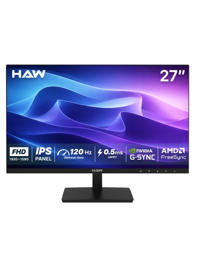 HAW F27IPX 27-Inch Gaming Monitor, FHD 1920×1080 IPS Display, 120Hz Refresh Rate, 0.5ms MPRT, HDMI 2.1 Supported, FreeSync & G-Sync Compatible, Built-in Speakers, Flat Screen, PC & Console Ready – Black image 1
